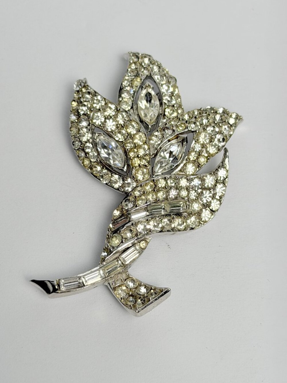 Vintage PELL Rhinestone Floral Spray Brooch 3in Silver Tone Baguette Marquise